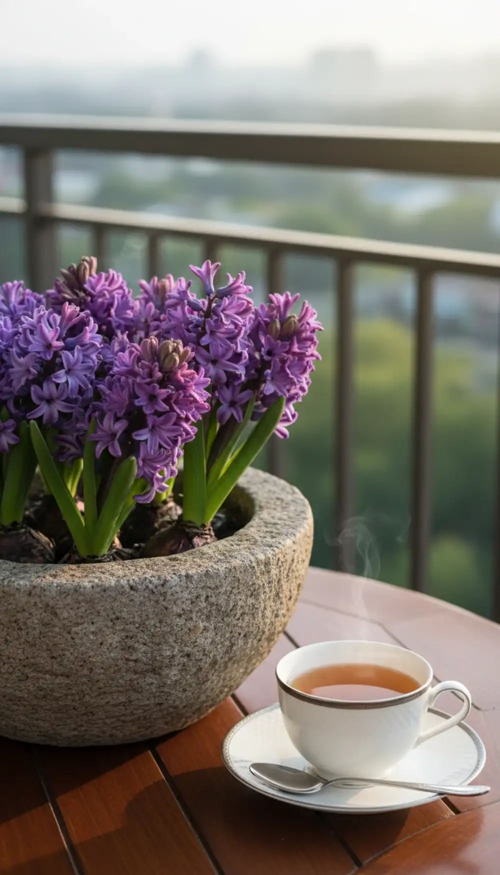 Cluster of purple and pink hyacinths blooming in a heavy ceramic bowl