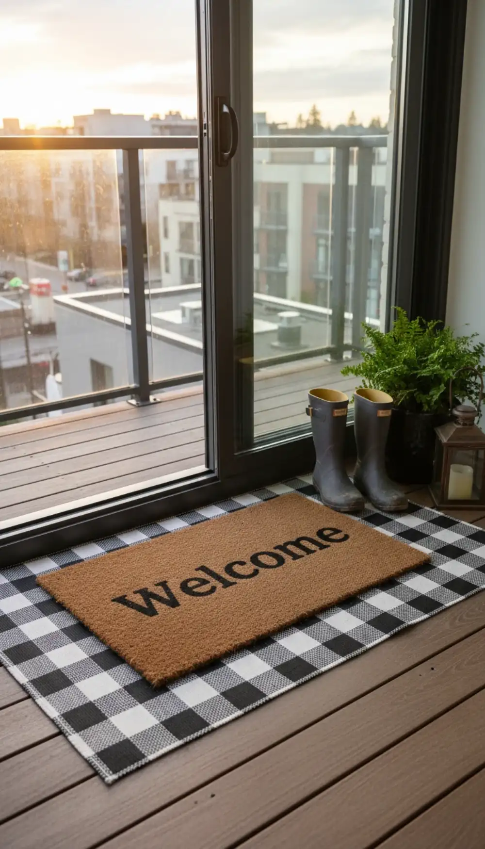 Patterned black and white rug underneath a coir doormat