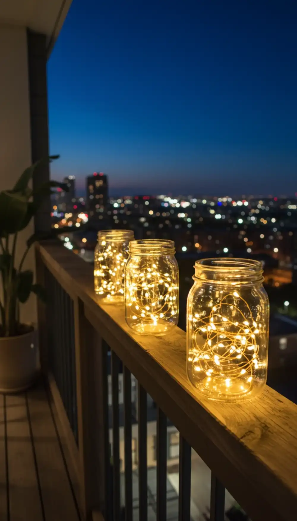 Mason jars filled with fairy lights hanging from a railing