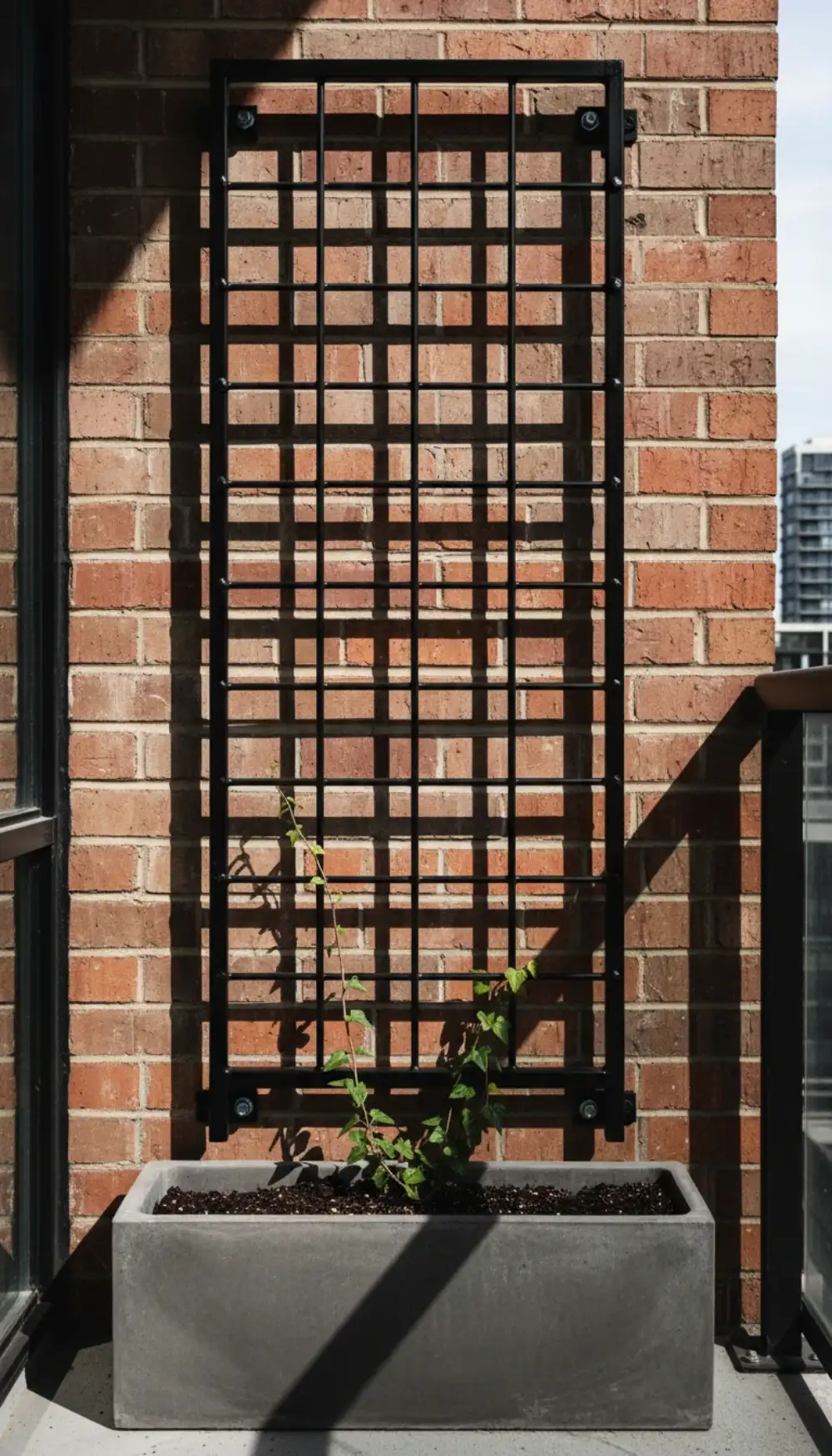 Black metal grid trellis attached to a wall with climbing ivy