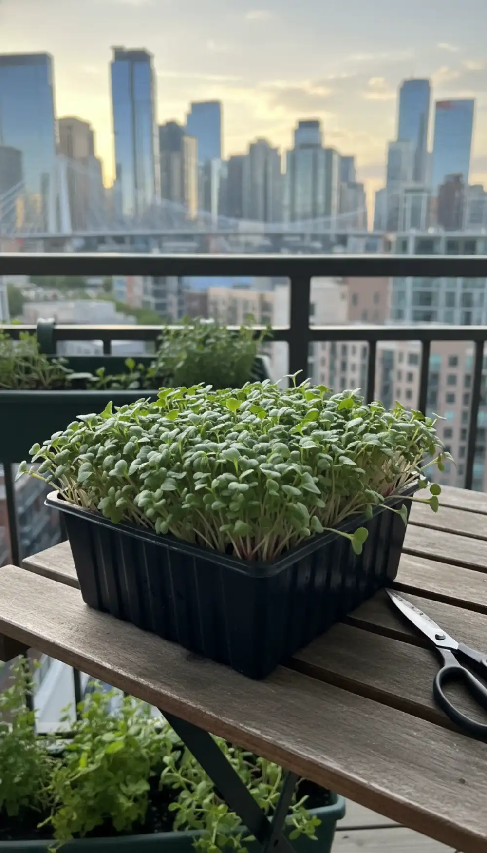 Black tray of fresh green microgreens growing on a balcony table