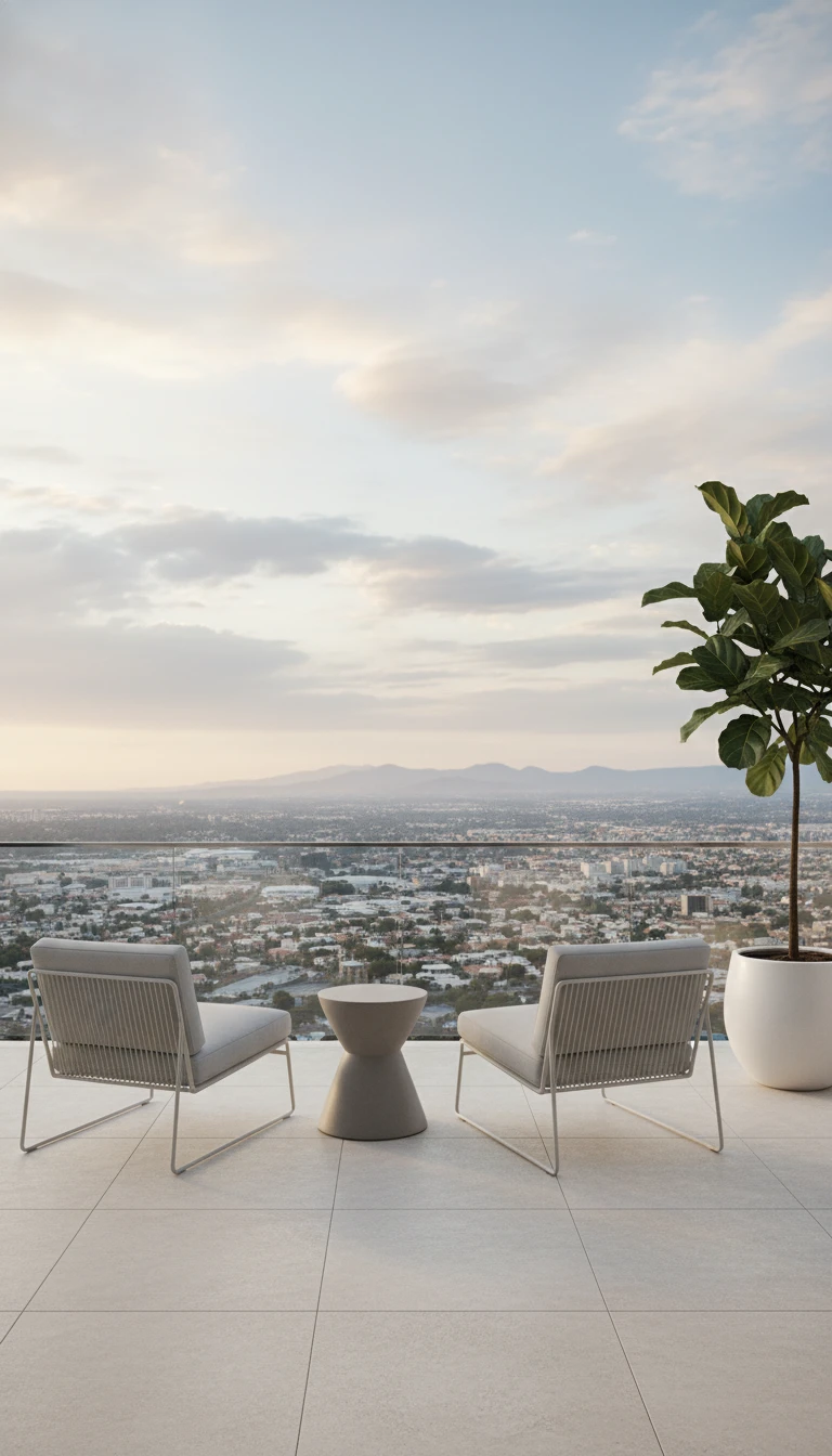 Minimalist balcony with two modern chairs and a single large plant