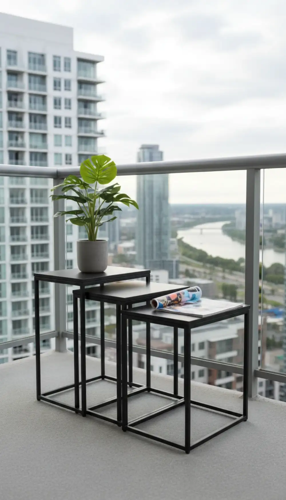 Set of three metal nesting tables stacked on a balcony