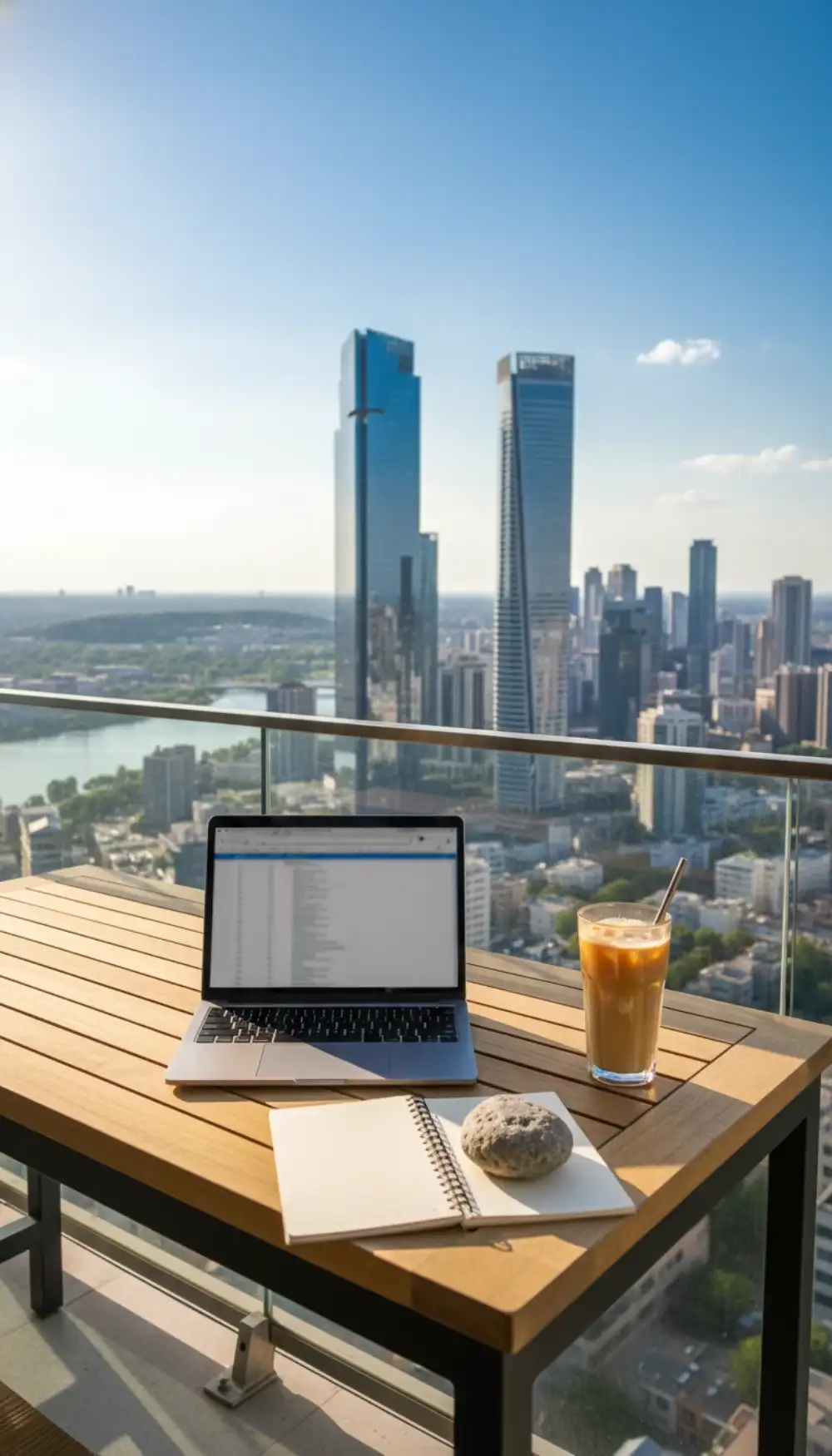 Laptop on a balcony table with a coffee and city view