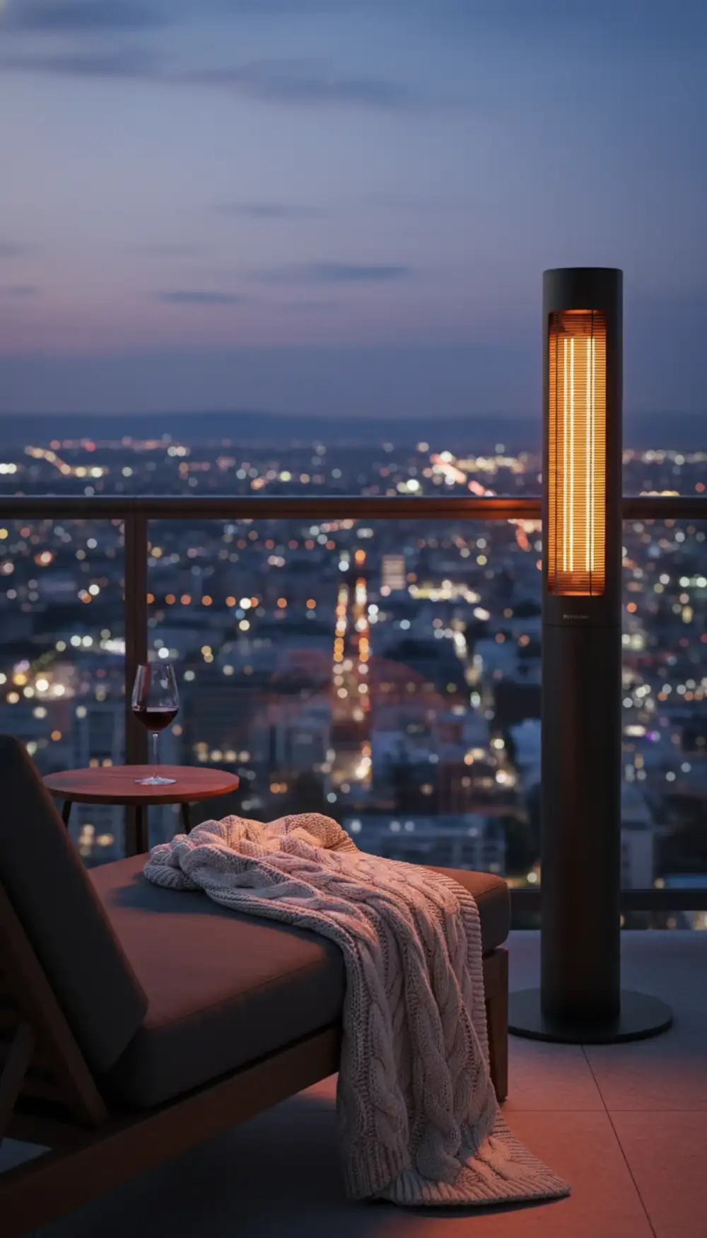 Electric infrared patio heater warming a seating area on a balcony