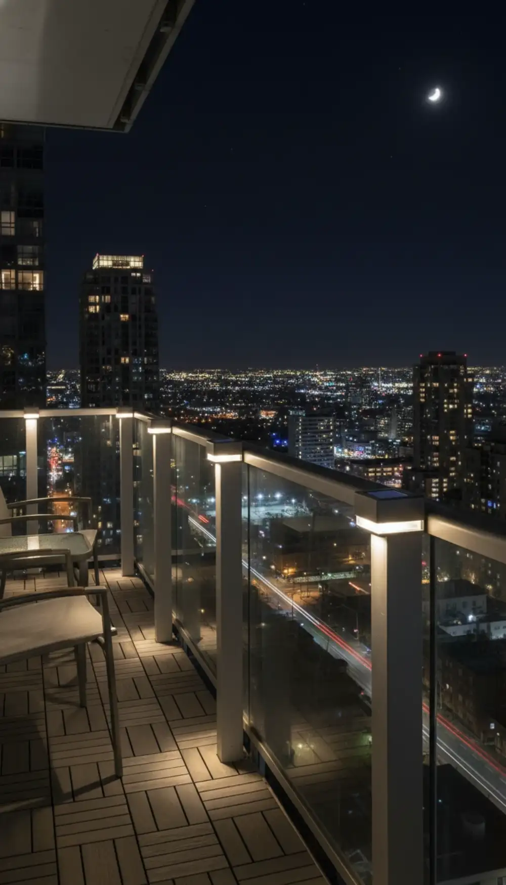 Solar lights mounted on top of balcony railing posts glowing at night