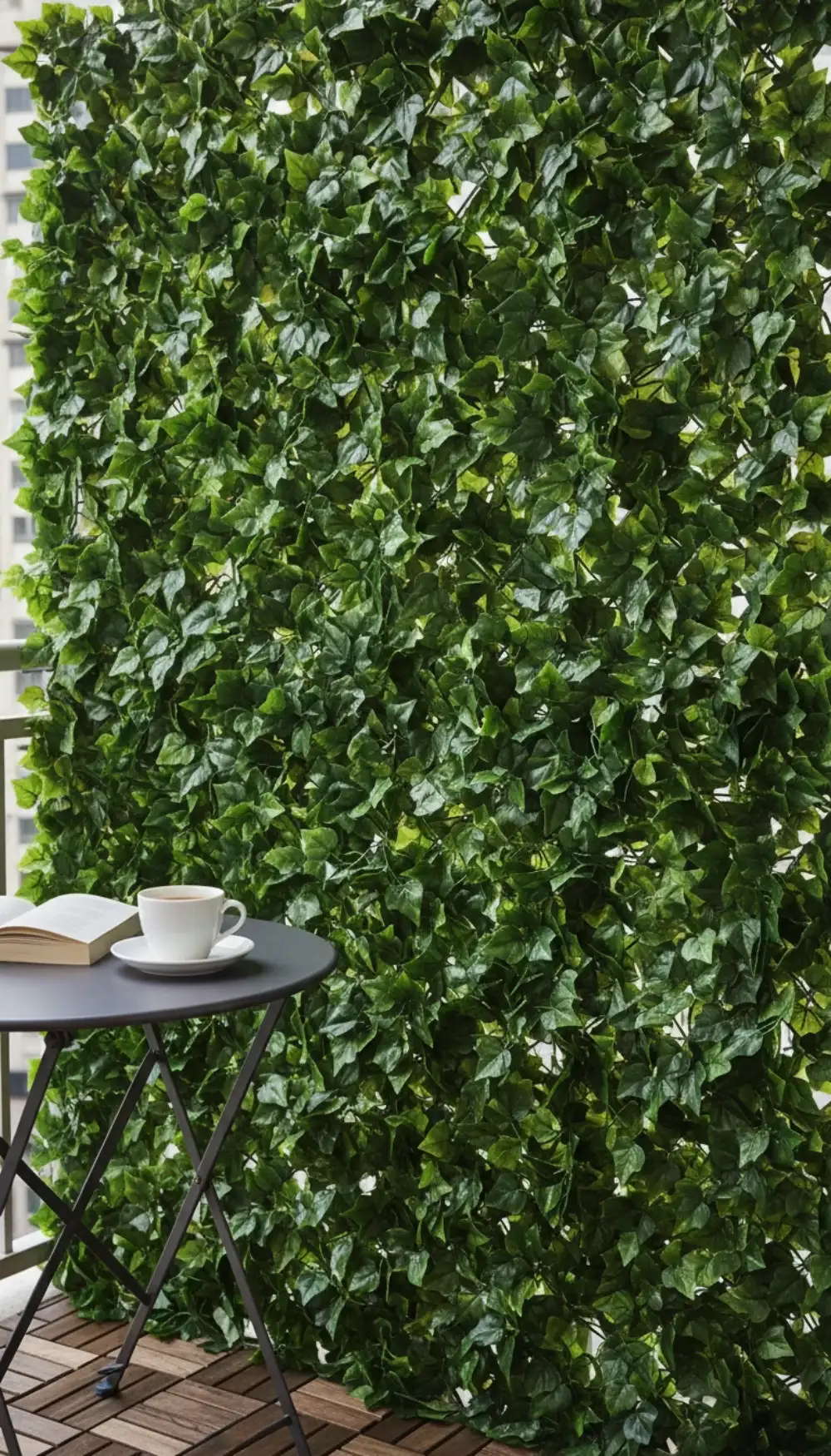 Faux ivy privacy screen attached to a metal balcony railing