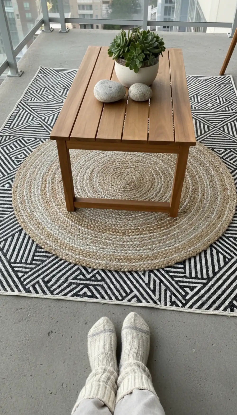 Patterned outdoor rug placed under heavy furniture on a balcony