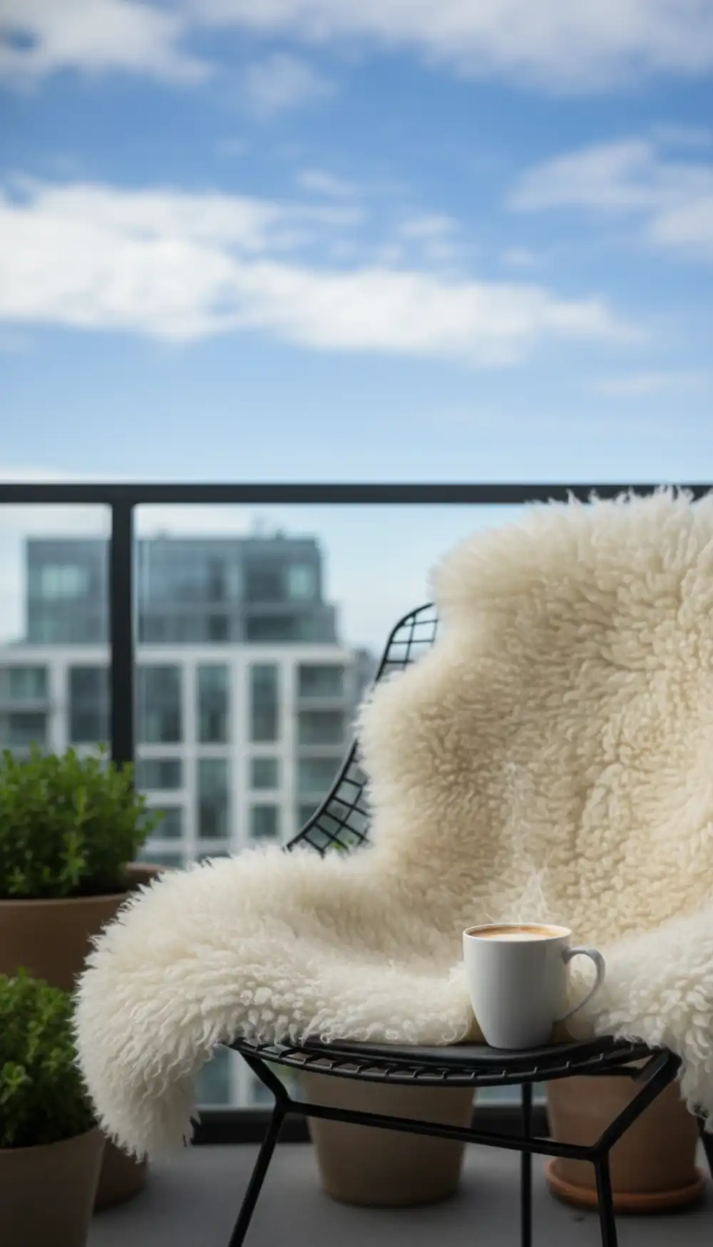 White fluffy sheepskin draped over a chair on a balcony