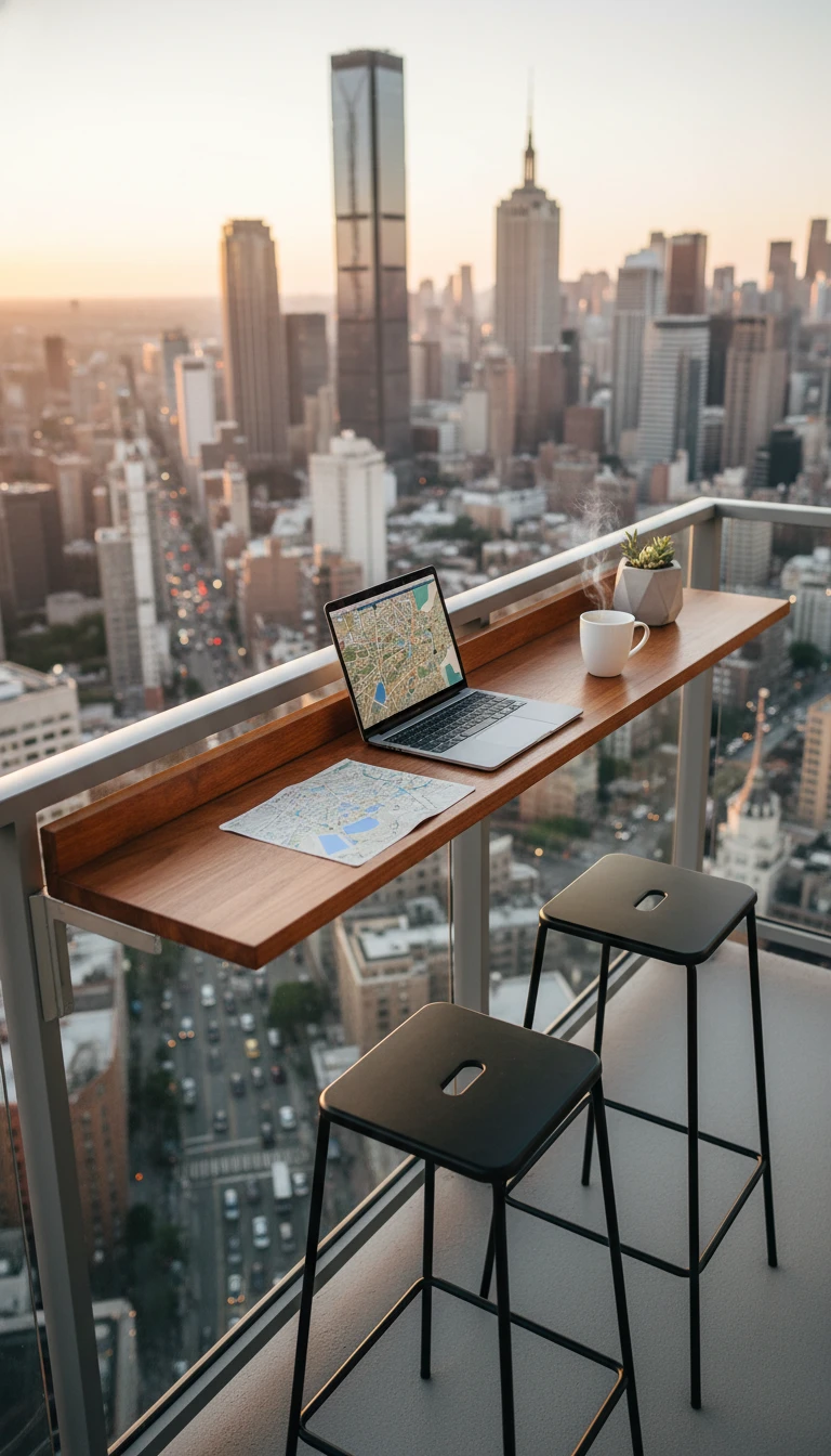 Narrow wooden bar counter attached to balcony railing with stools