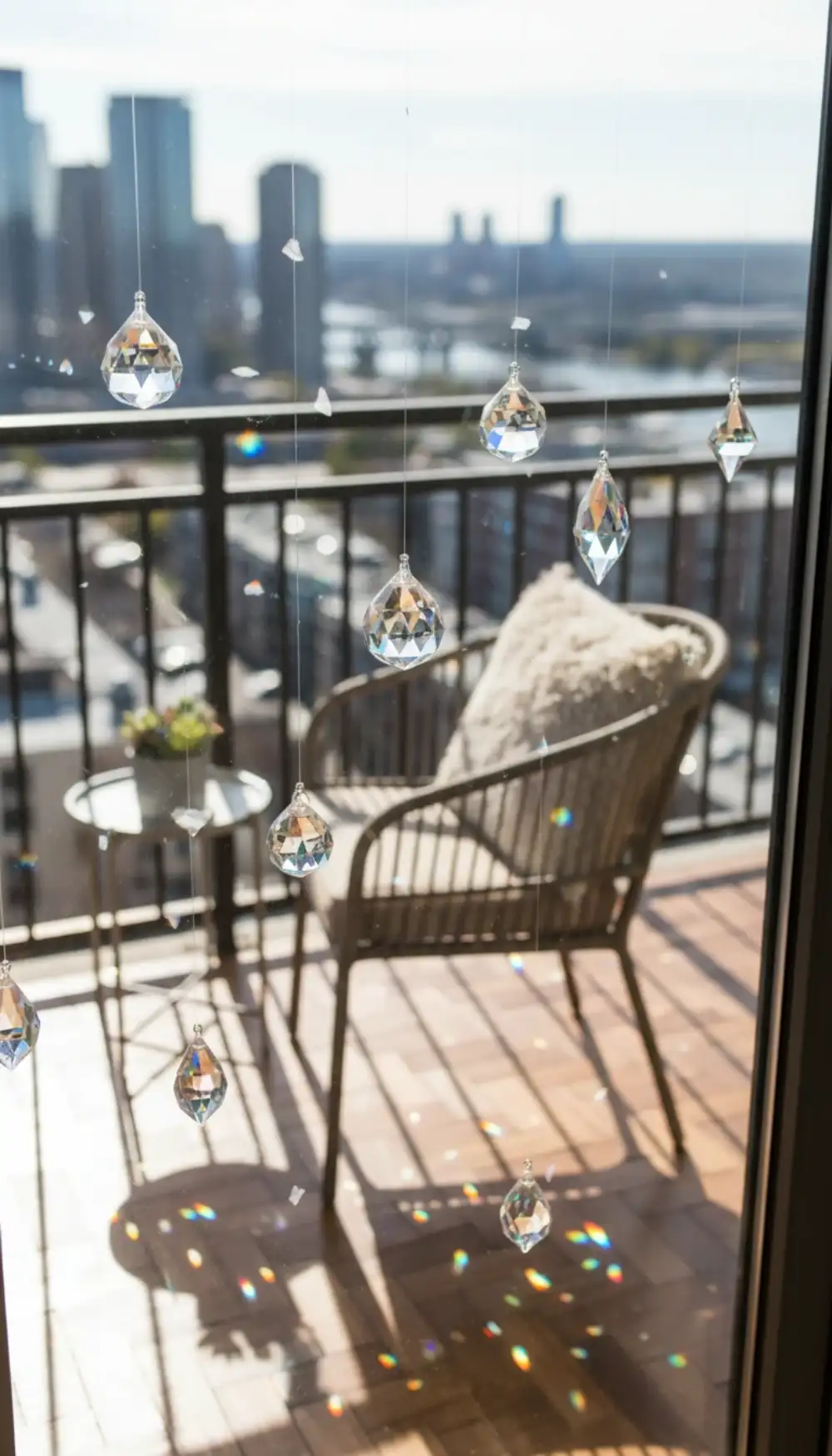Crystal sun catchers hanging in a window casting rainbows on the balcony