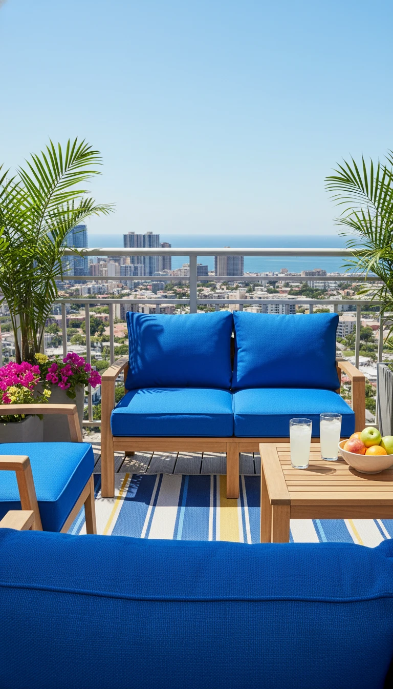 Bright blue fade-resistant cushions on outdoor furniture in direct sun