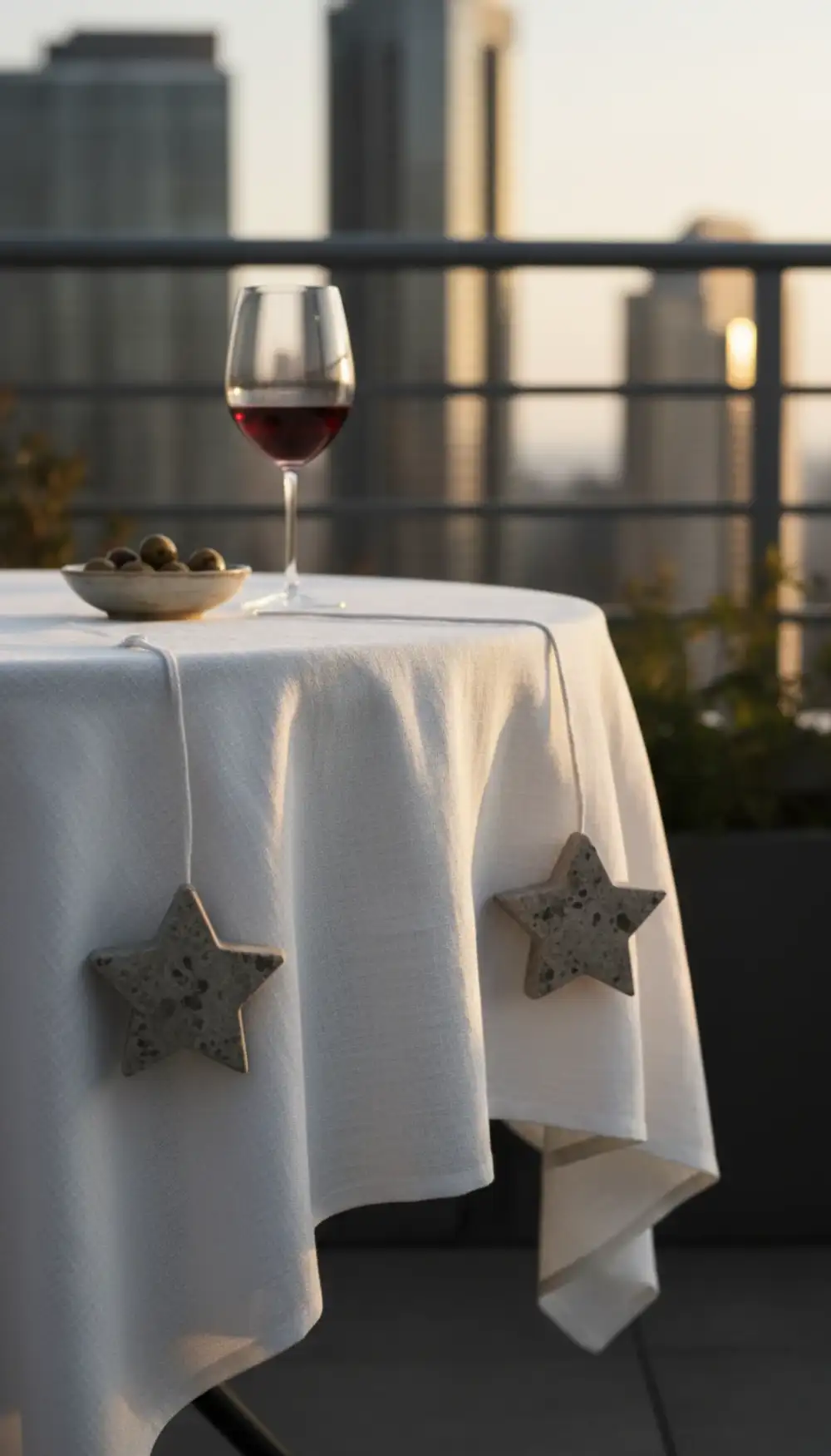 Stone tablecloth weights clipped to the hem of a table linen