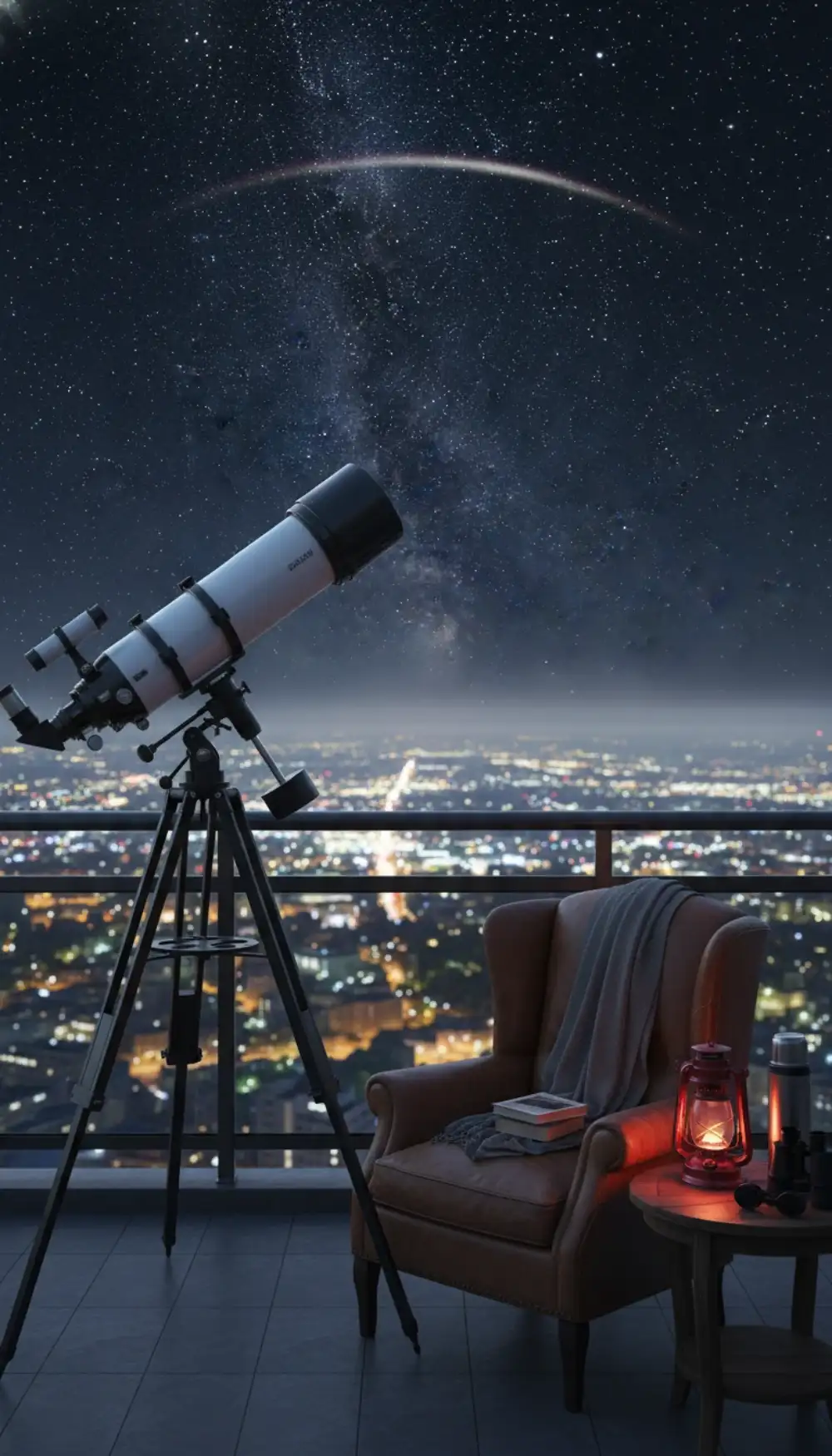 Telescope on a tripod pointing out from a city balcony at night
