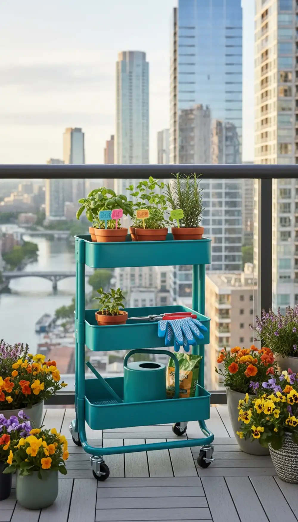 Metal rolling cart stocked with gardening tools and plants