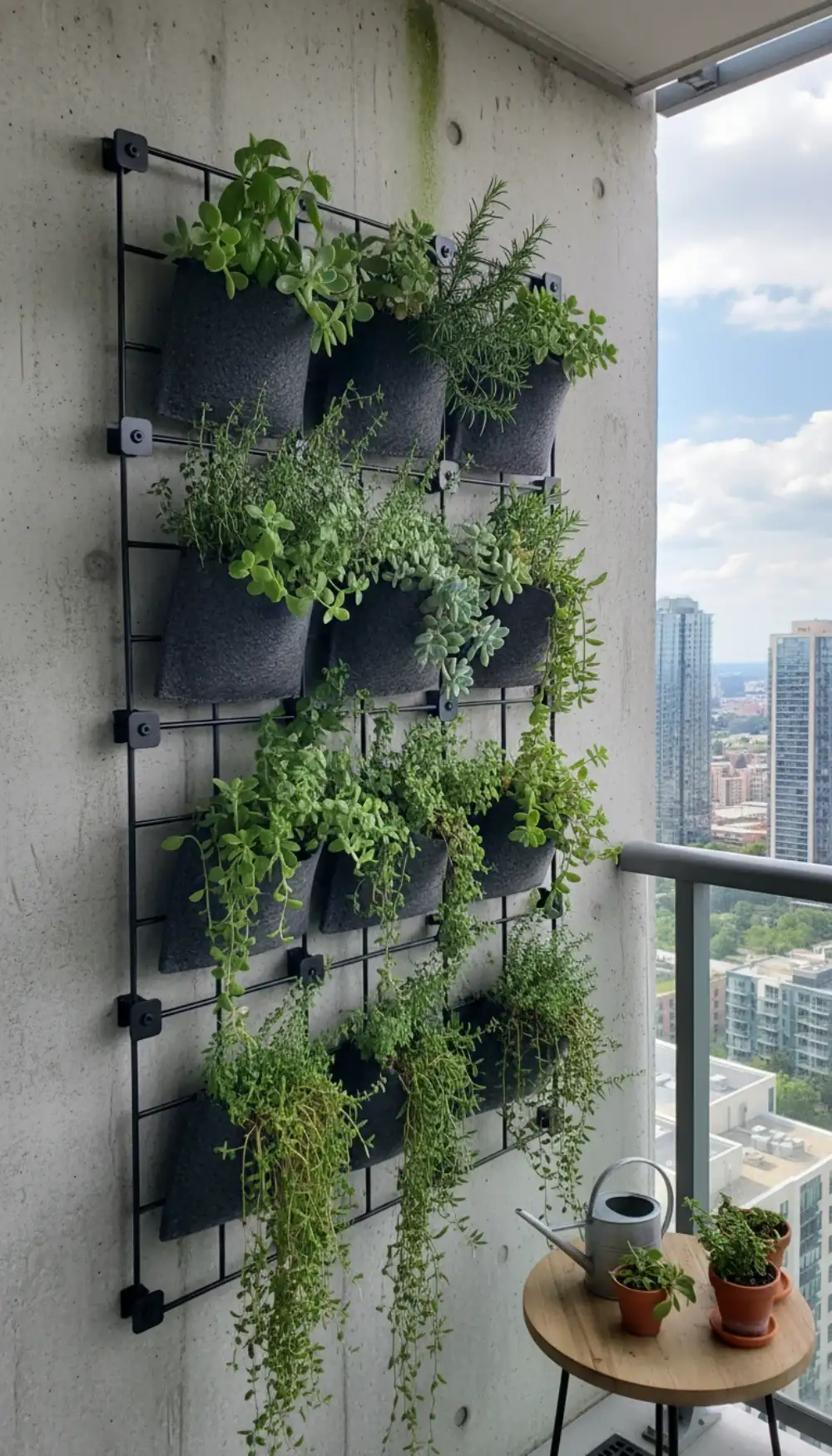 Vertical garden pockets attached securely to a balcony wall