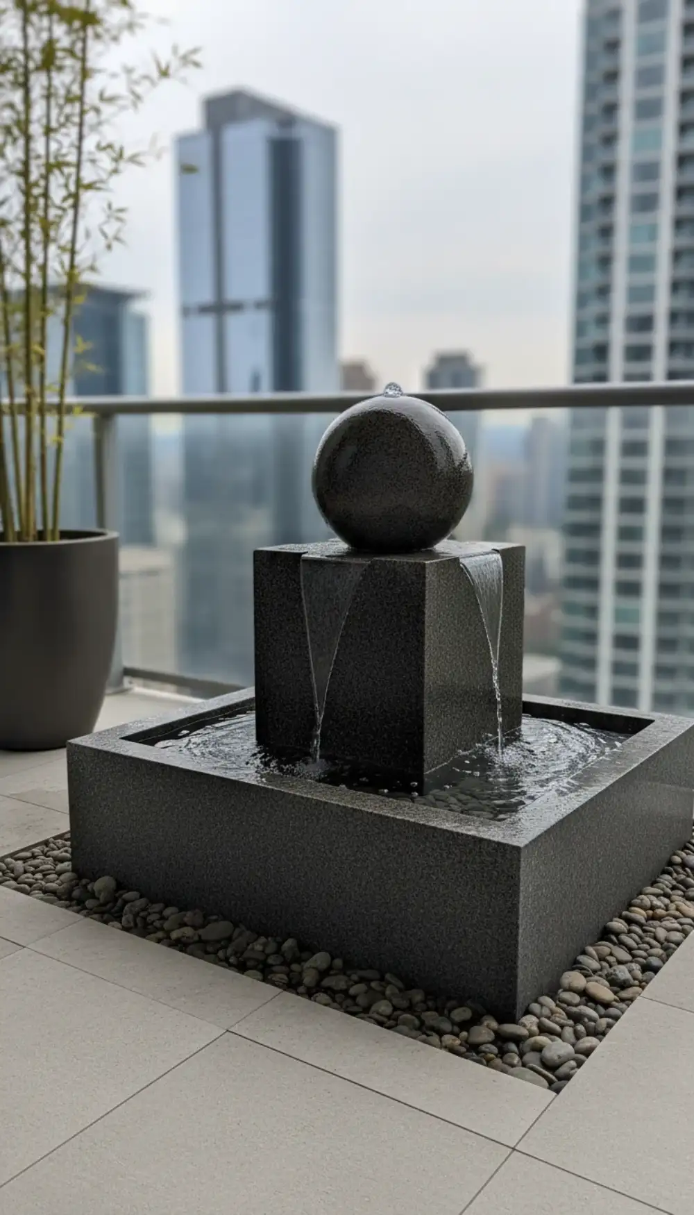 Small heavy stone water fountain sitting on the balcony floor
