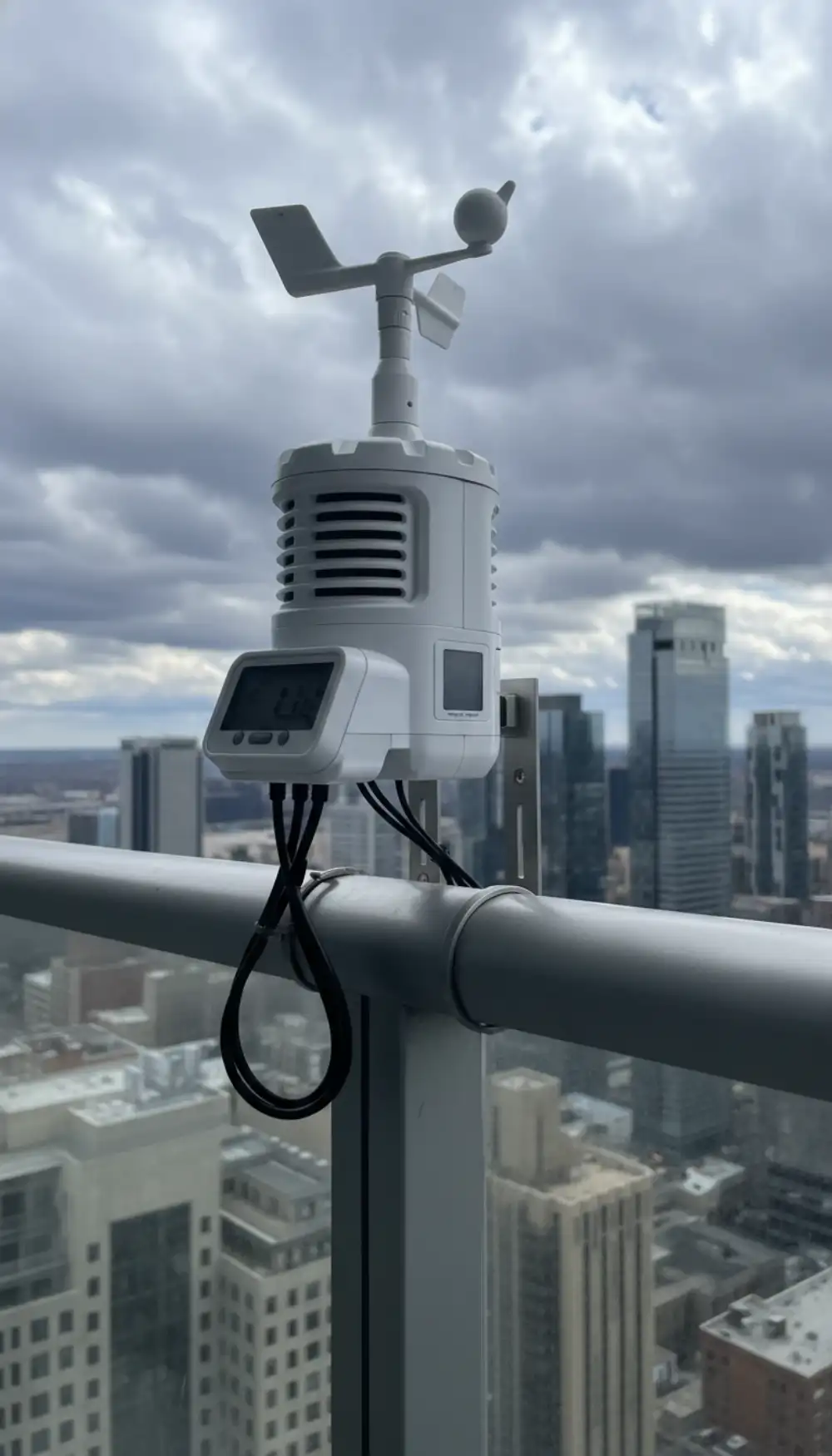Digital weather station sensor mounted on a balcony railing