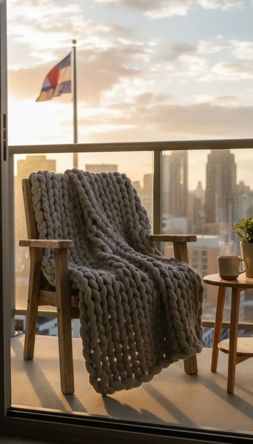 Chunky knit weighted blanket draped over a chair on a balcony