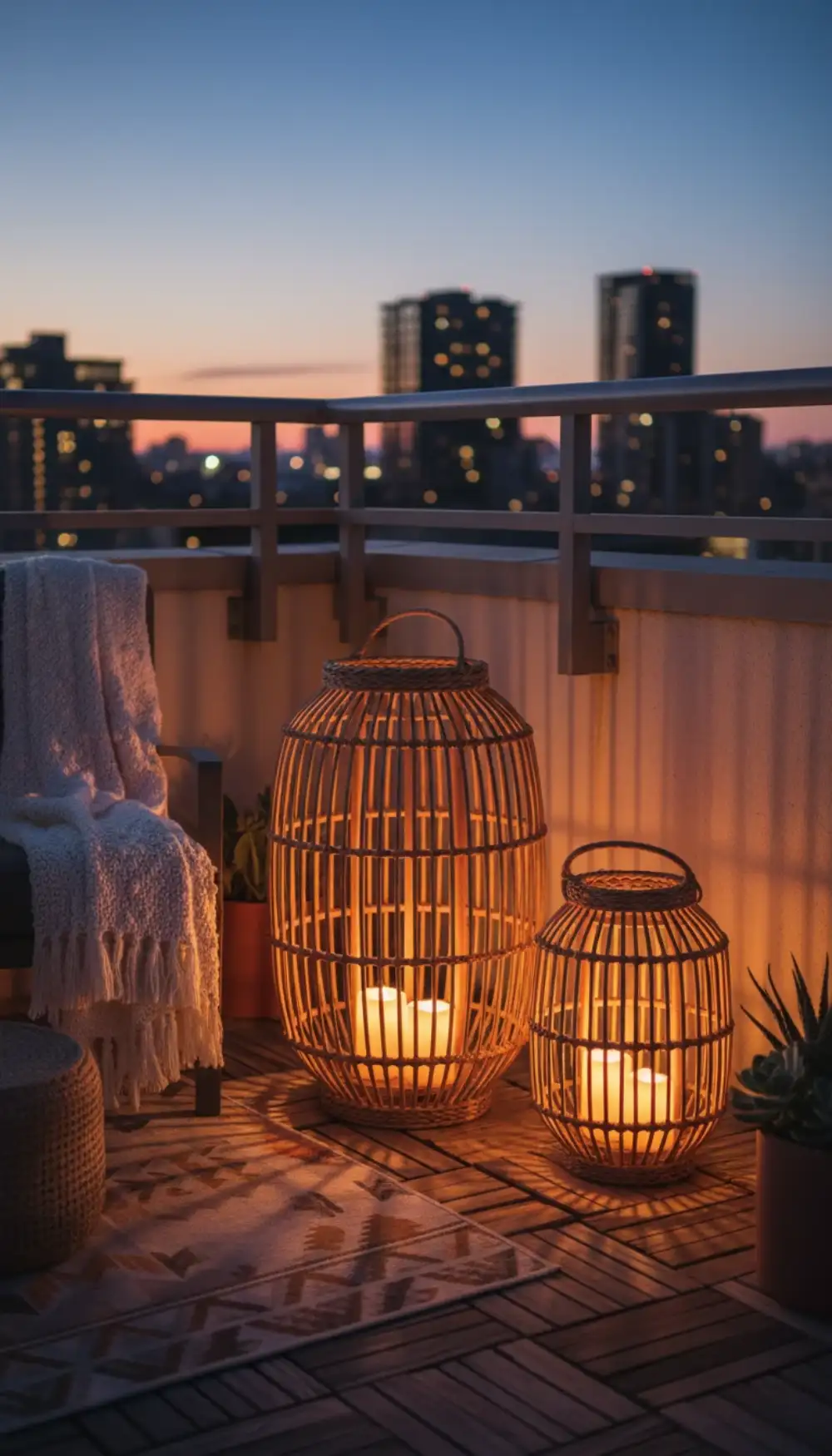 Large woven wicker lantern with a battery candle inside