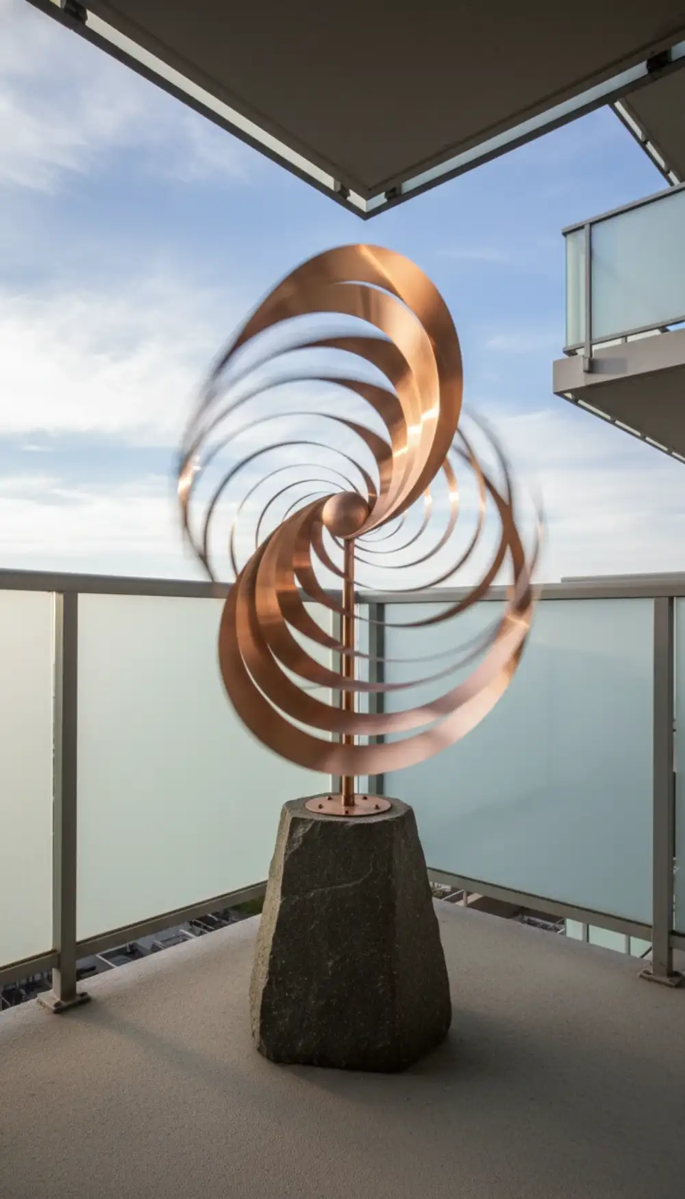 Copper metal wind spinner moving in the breeze on a balcony