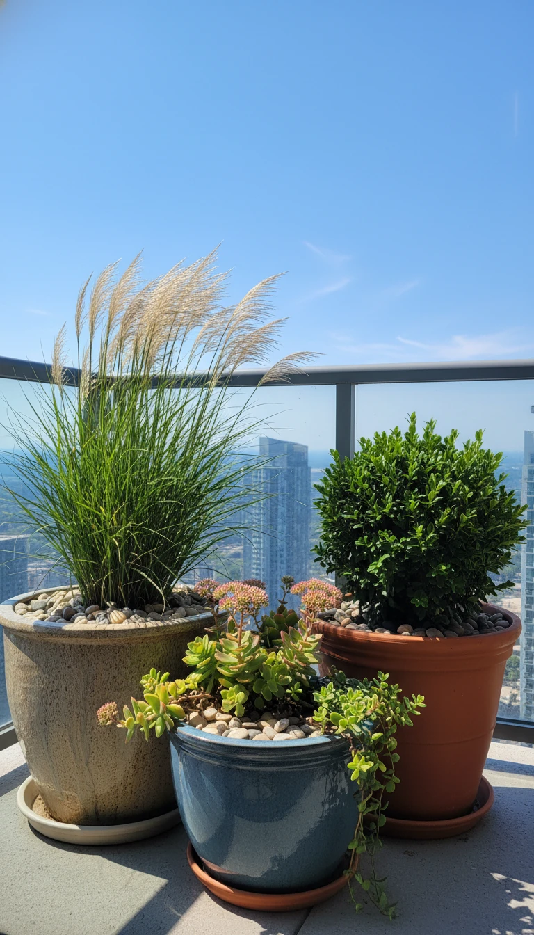 Ornamental grasses and hardy succulents in heavy pots on a high balcony