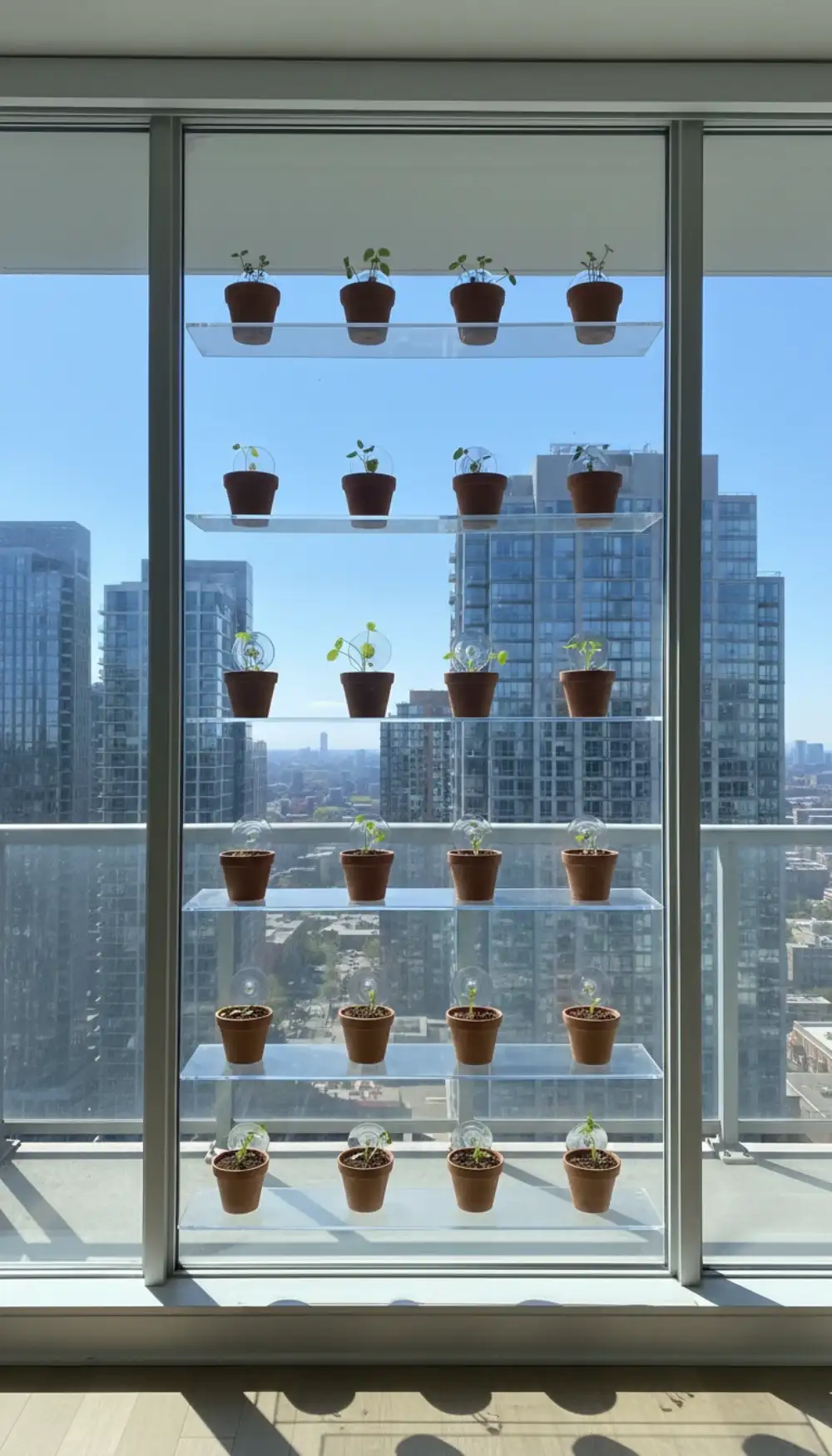 Acrylic shelves suctioned to the balcony window holding small plant pots