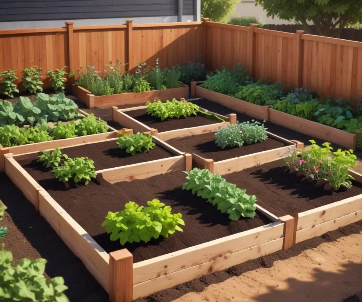 Newly constructed wooden raised garden beds filled with dark, rich soil in a sunny backyard.