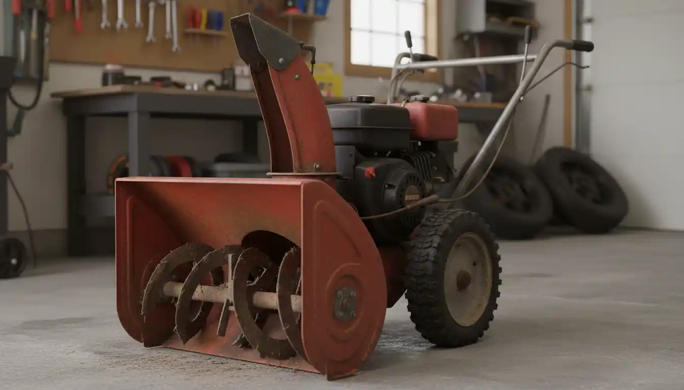 Red and black vintage single-stage snowblower with steel wheels and a visible auger.