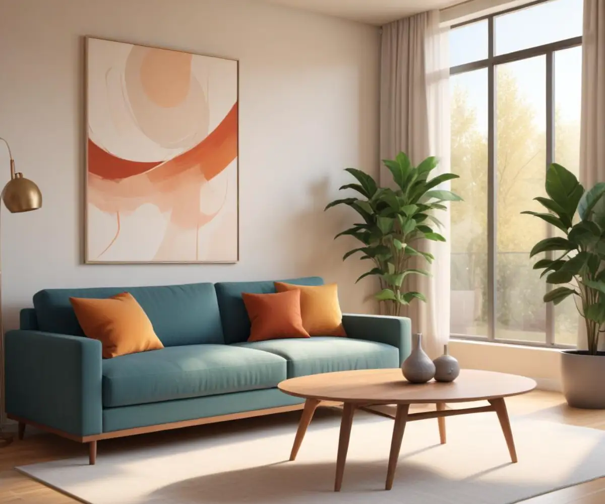 A well-lit contemporary living room with a minimalist sofa, a sleek coffee table, and abstract art on the wall.