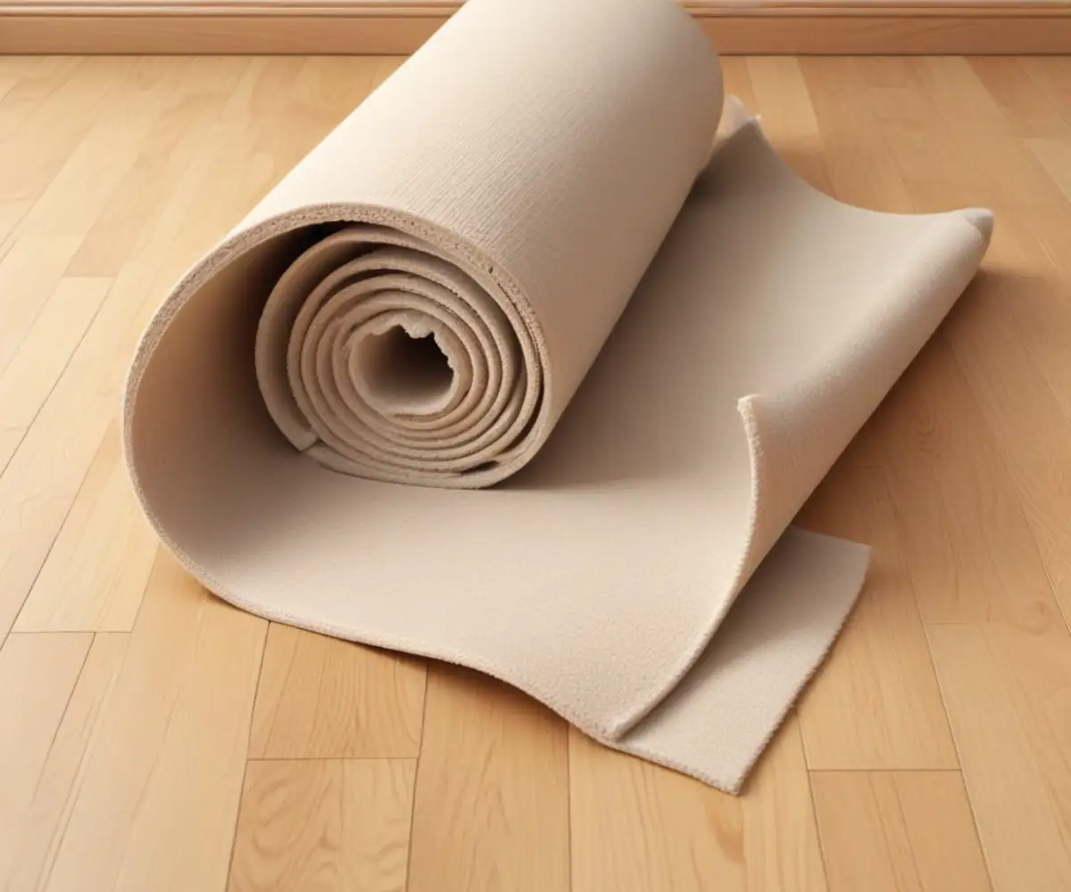 A roll of plush beige carpet partially unfurled on a light-colored hardwood floor.