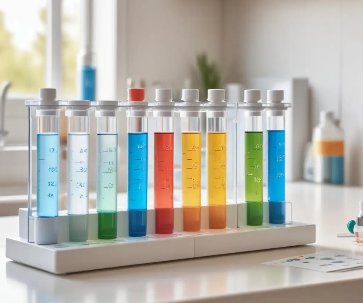 A close-up of a home water test kit with several vials and color charts on a clean, white countertop.