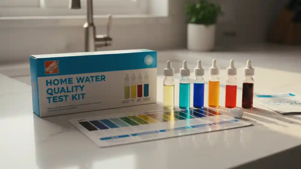 A close-up of a home water testing kit with color comparison charts on a clean kitchen countertop.