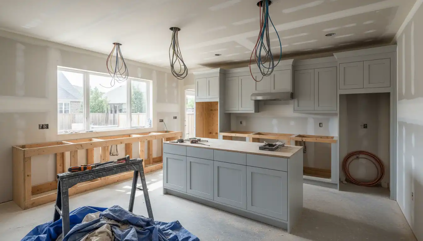 A modern kitchen with unfinished cabinetry and exposed wiring during a home renovation.