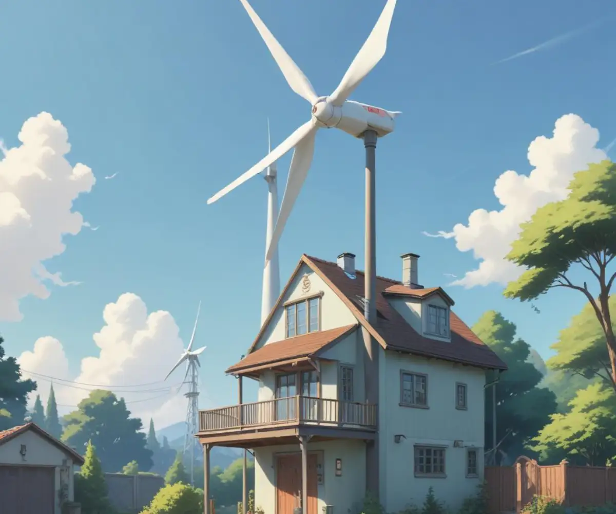 A small-scale residential wind turbine with three blades mounted on a pole against a clear sky, next to a modern house.