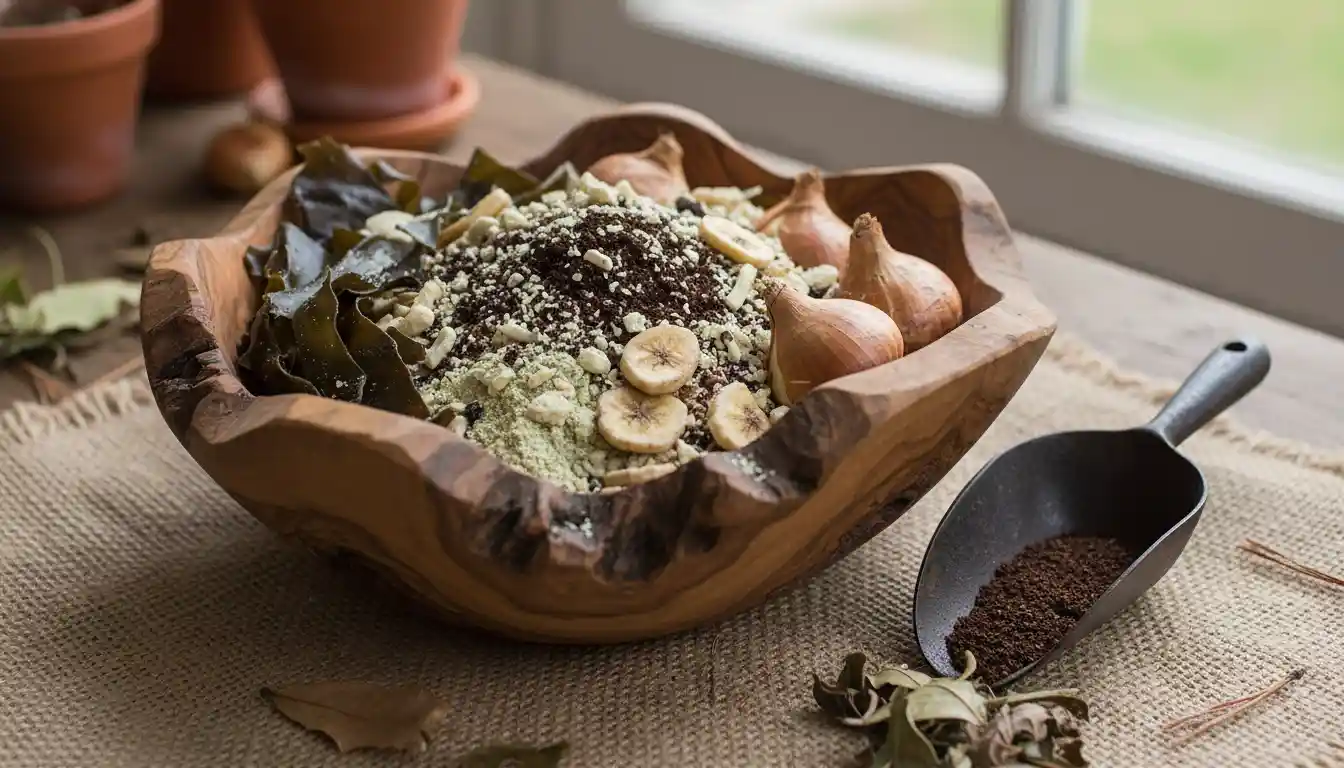 A wooden bowl containing a mix of natural ingredients for homemade bulb fertilizer.