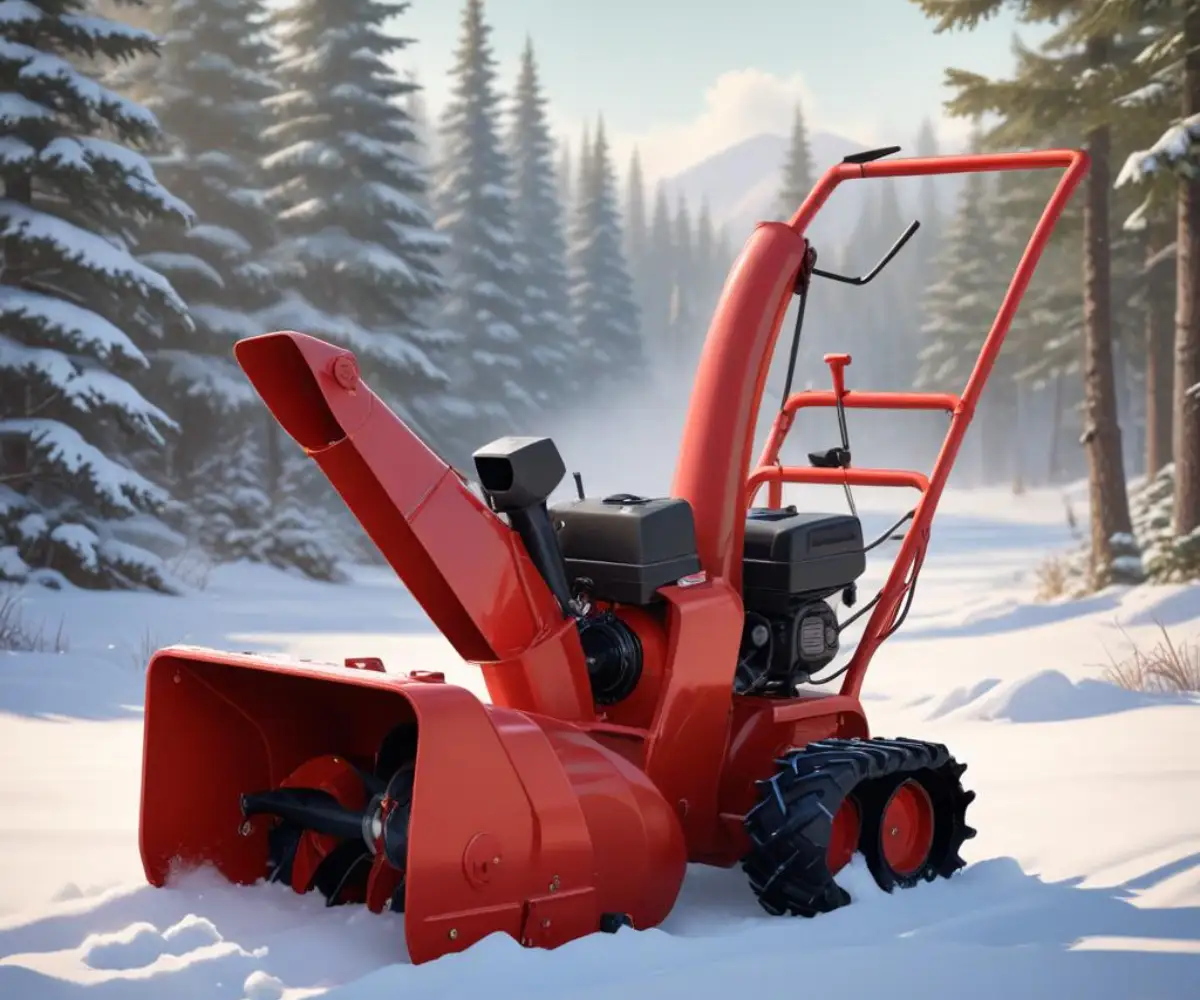 A vintage red metal Homko snowblower with a large auger and discharge chute.