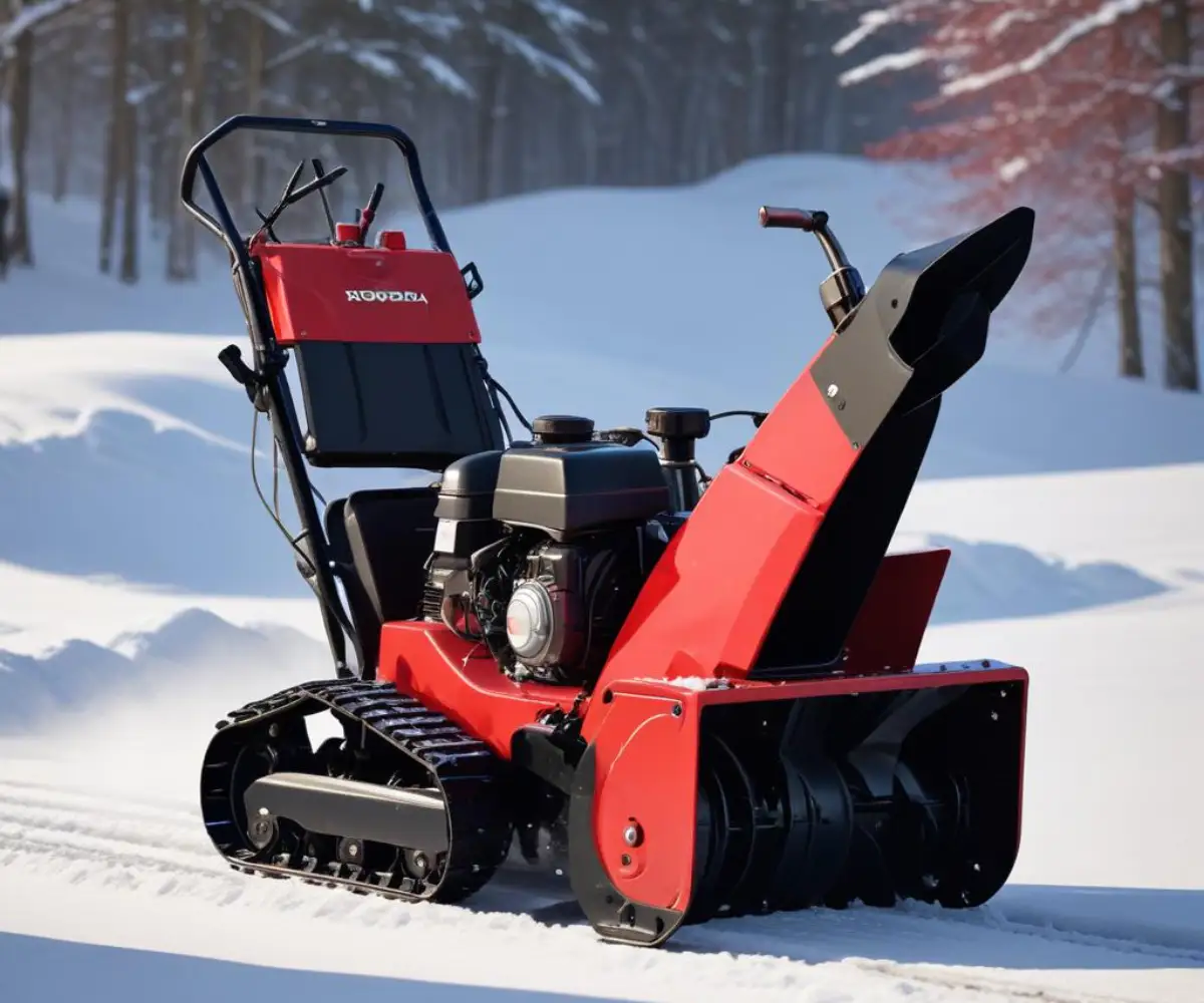 A red and black Honda HS828 snow blower with track drive, viewed from the side on a plain background.