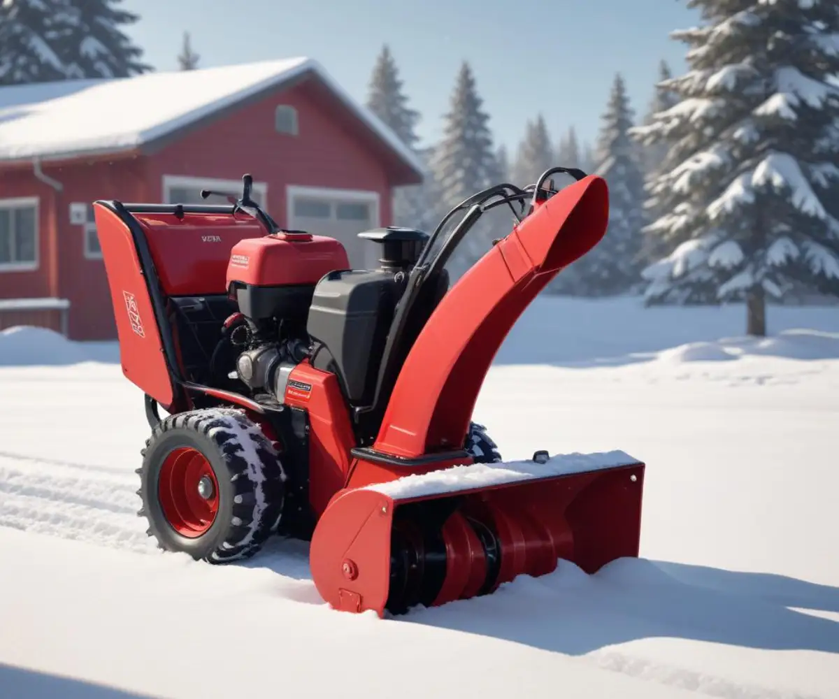 A red and black Honda HS55 two-stage snow blower parked on a clean, solid-colored surface.