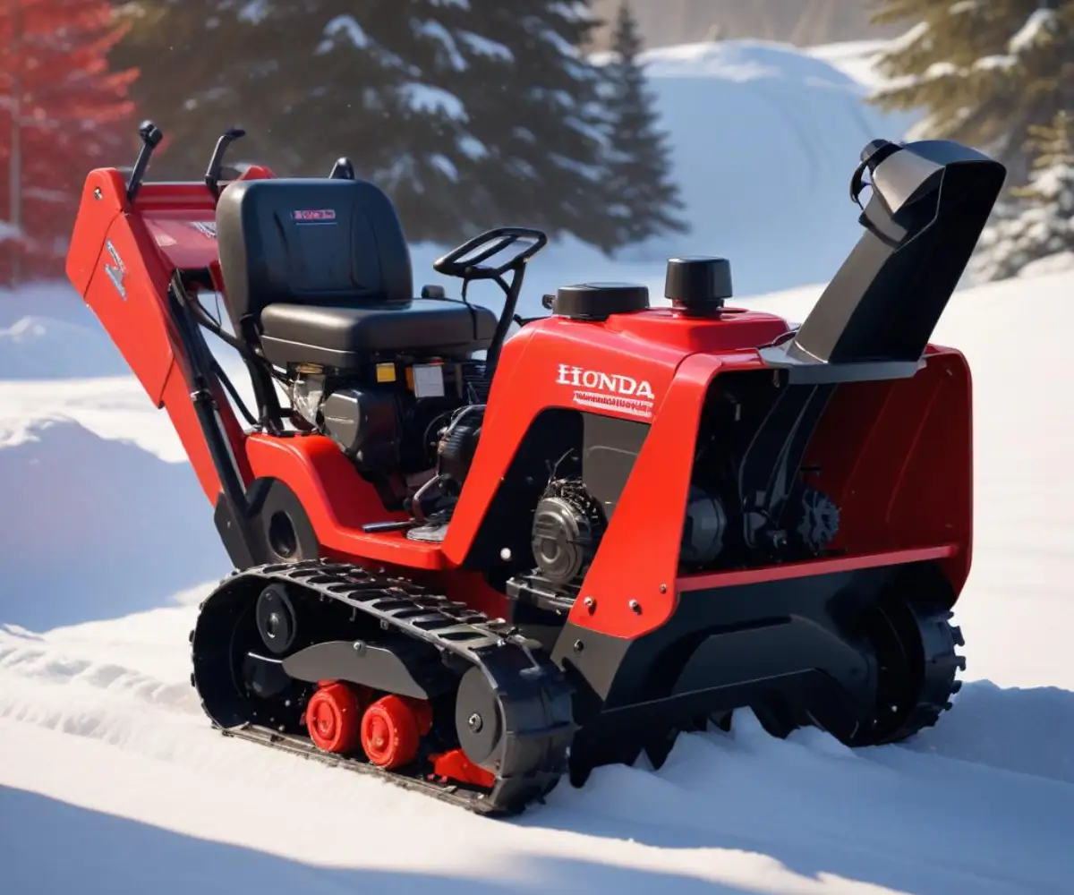 A red and black Honda HS80 two-stage snowblower with track drive, parked on a clean surface.