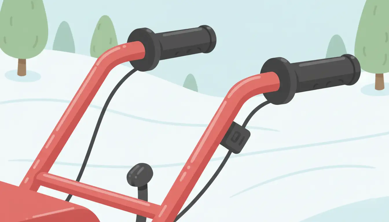 Close-up of black heated grips installed on the handlebars of a red snowblower.