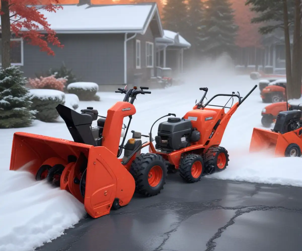 A red Honda snowblower and an orange Ariens snowblower positioned next to each other on a paved surface.