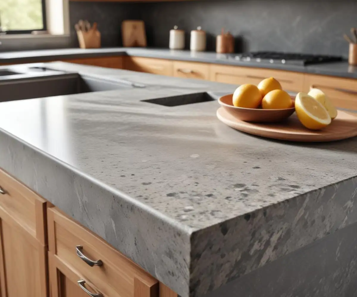 A close-up view of a honed granite countertop next to a soapstone countertop, showcasing their different textures and finishes under neutral lighting.