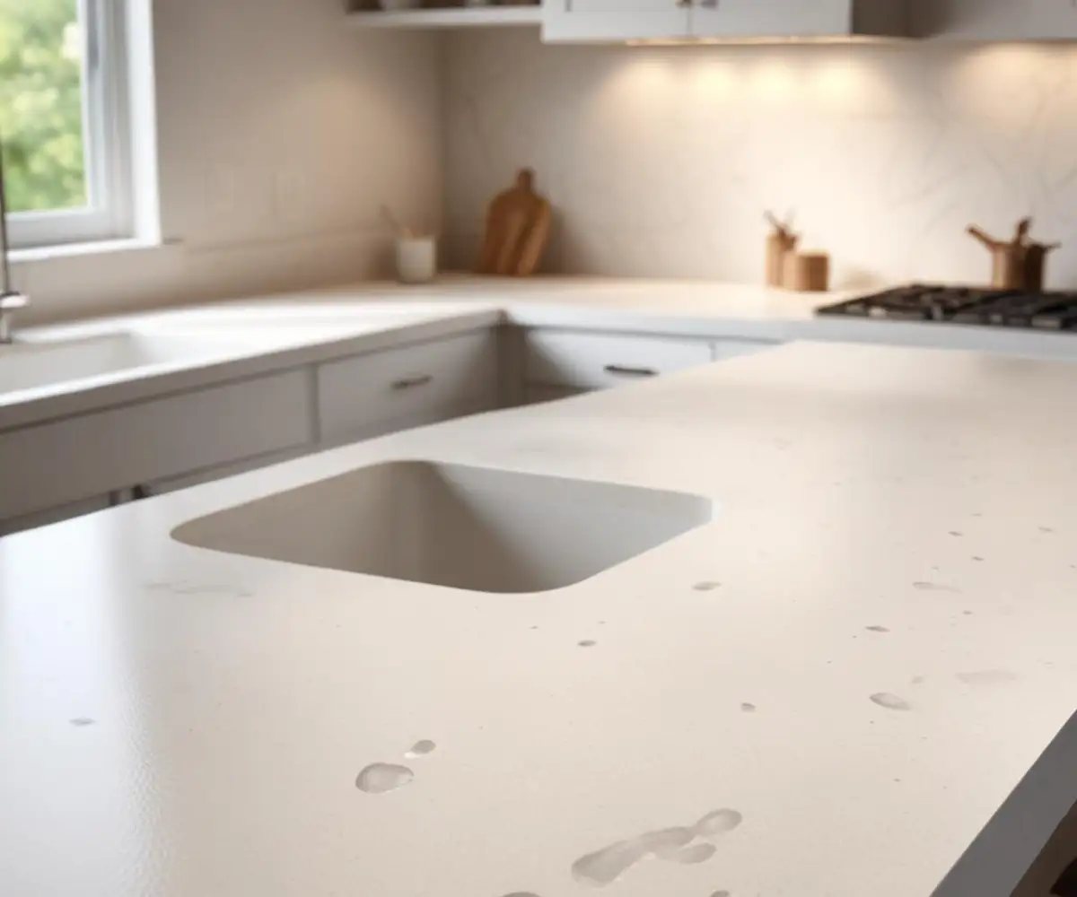 Close-up of a matte white honed quartz countertop showing fingerprints and smudges under direct lighting.