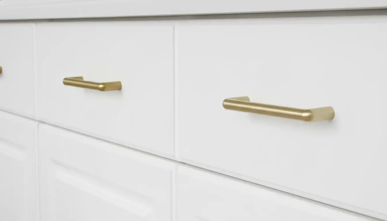 Side-by-side comparison of honey bronze and champagne bronze cabinet pulls on a white shaker-style cabinet drawer.