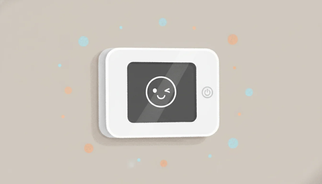 A sleek, white, modern smart thermostat mounted on a neutral-colored wall.