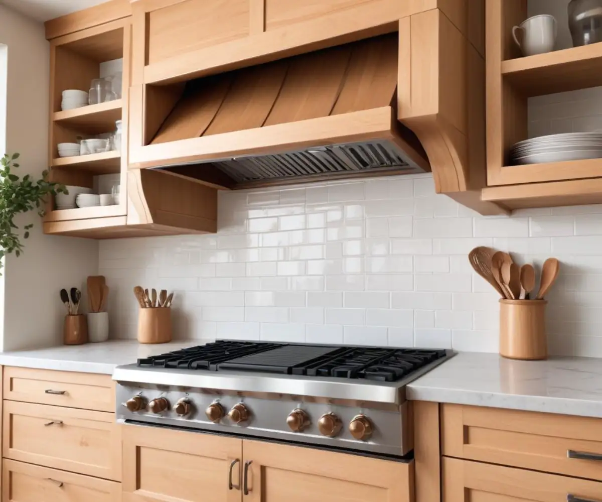 A custom-made, unfinished wood range hood with curved lines, mounted against a white subway tile backsplash in a kitchen.
