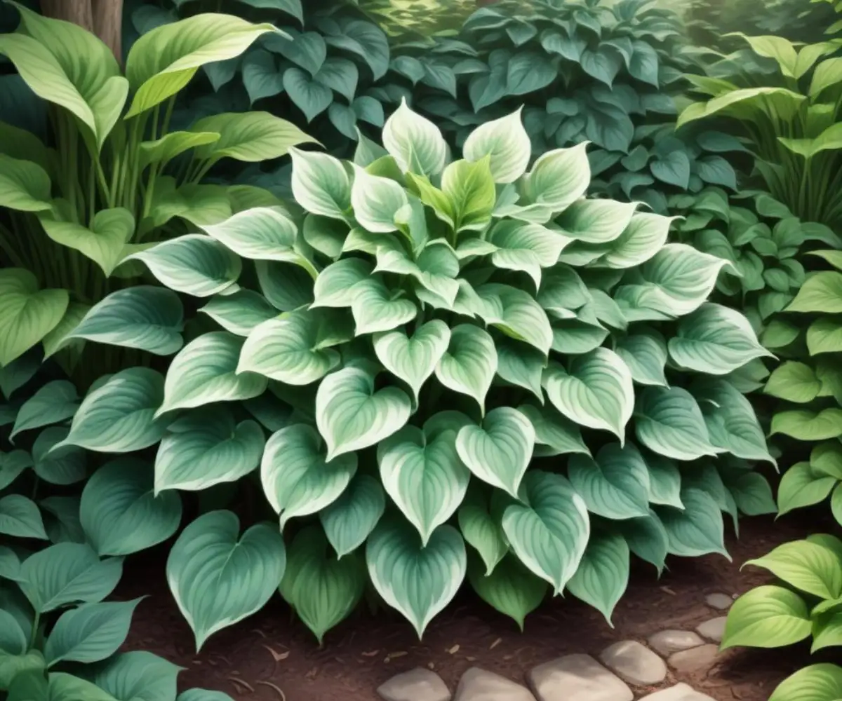 A cluster of lush hosta plants with large, variegated green and white leaves in a shaded garden.