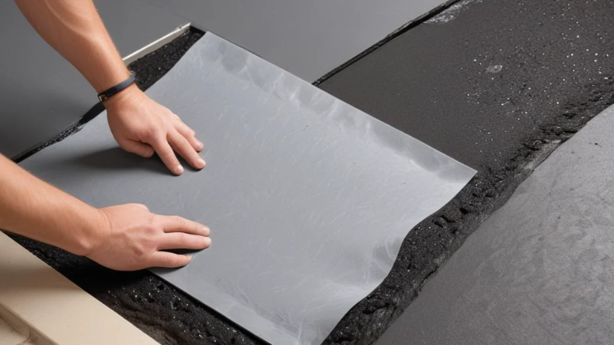 Close-up of a hot mop shower pan liner being installed, showing layers of asphalt and felt paper creating a waterproof barrier.
