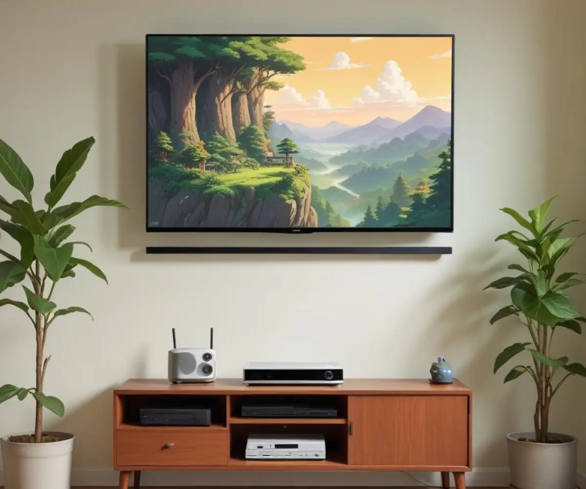 A sleek wall-mounted television displaying a high-definition nature scene, with an ethernet port and a modern white Wi-Fi router visible on the minimalist media console below.